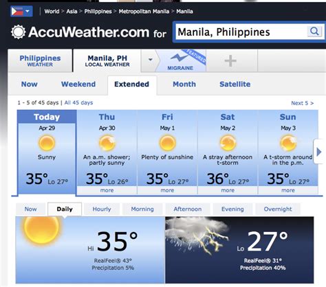 Up to 90 days of daily highs, lows, and precipitation chances. . Accuweather manila